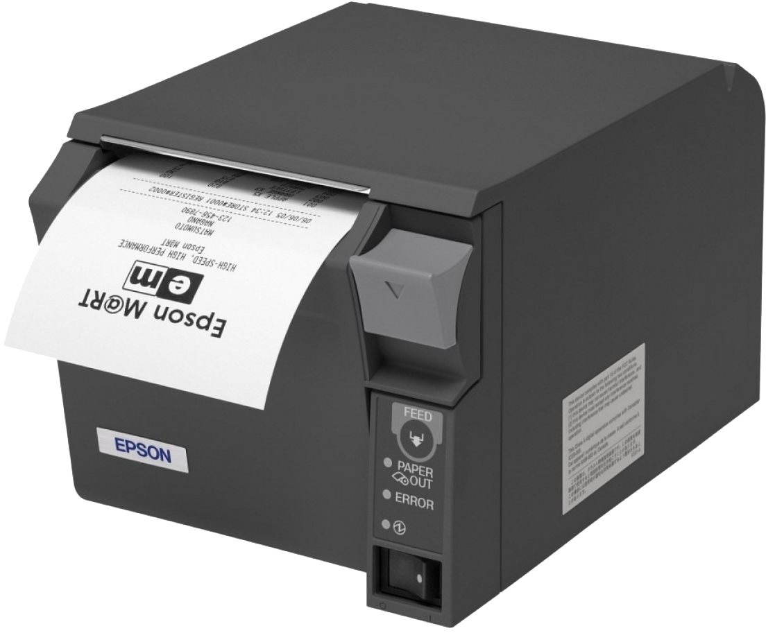 EPSON TM-T70II pénztárgép nyomtató, USB + soros, fekete, vágó, tápegységgel