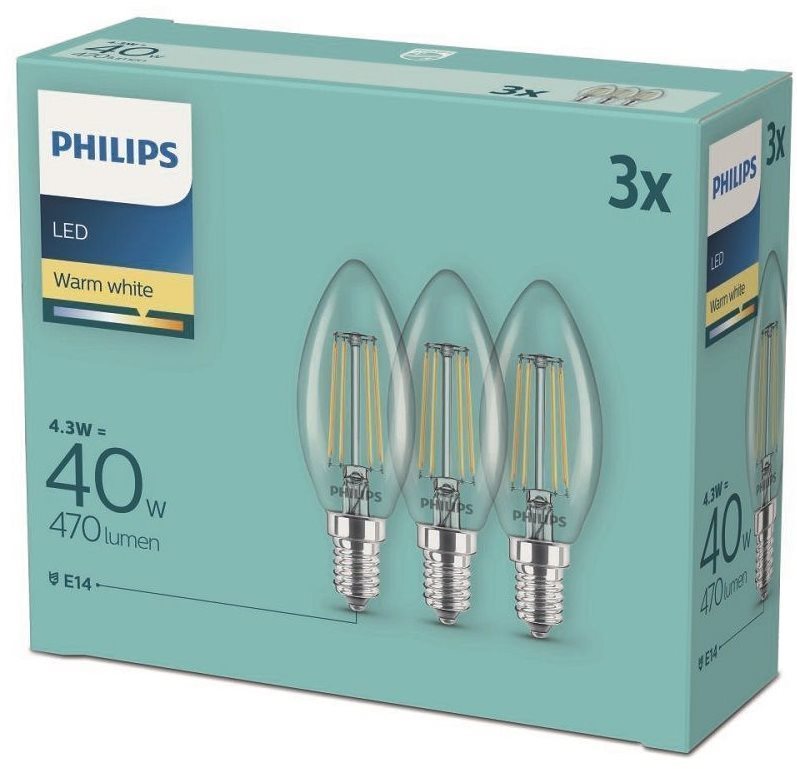 Philips LED classic 4,3-40W, E14 2700K, 3 db