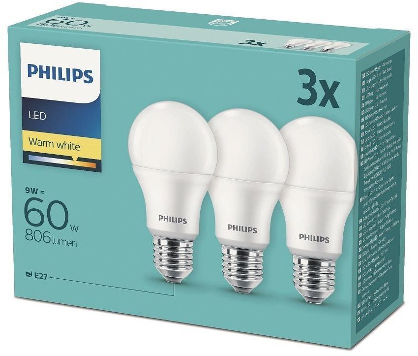 Philips LED 9-60W, E27 2700K, 3 db