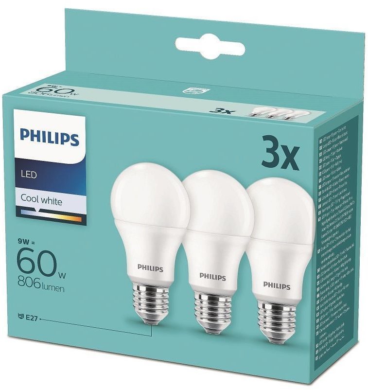 Philips LED 9-60W, E27, 4000K, 3 db