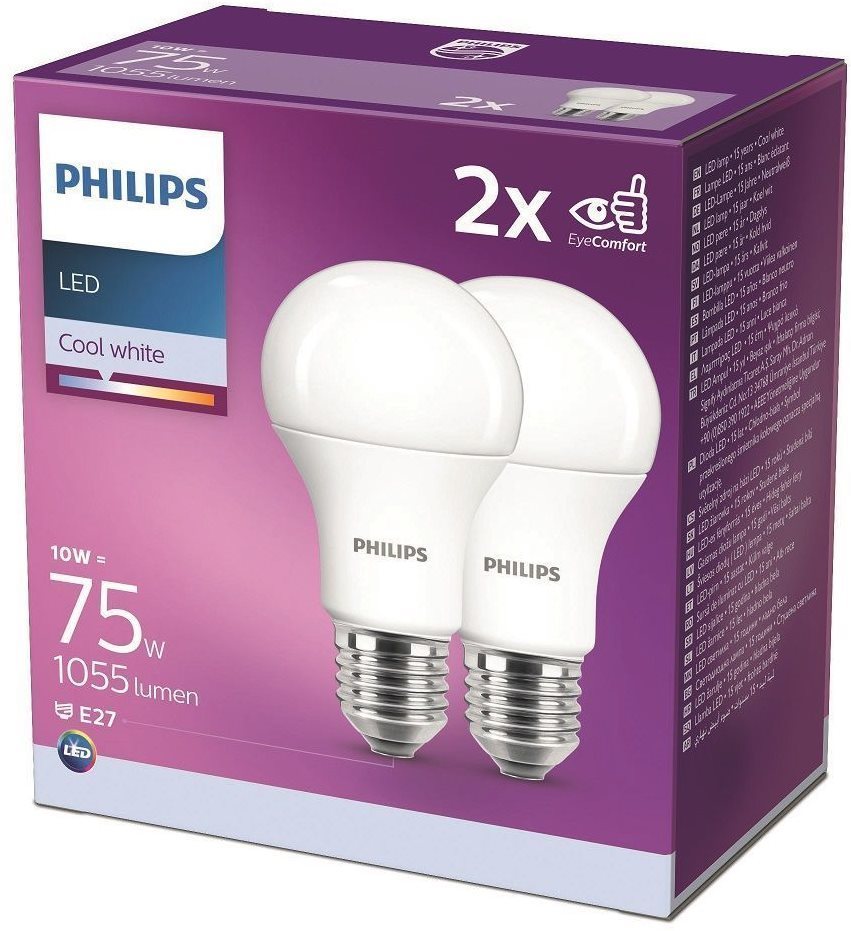 Philips LED 10-75W, E27 4000K, 2 db