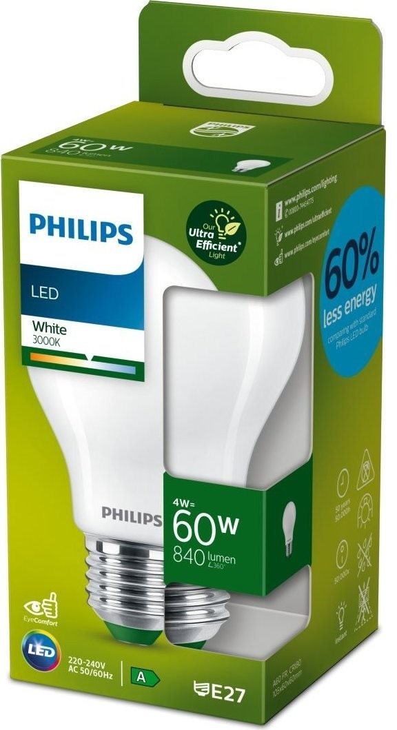 Philips LED 4-60W, E27, 3000K, tejfehér, A