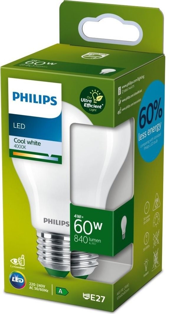 Philips LED 4-60W, E27, 4000K, tejfehér, A