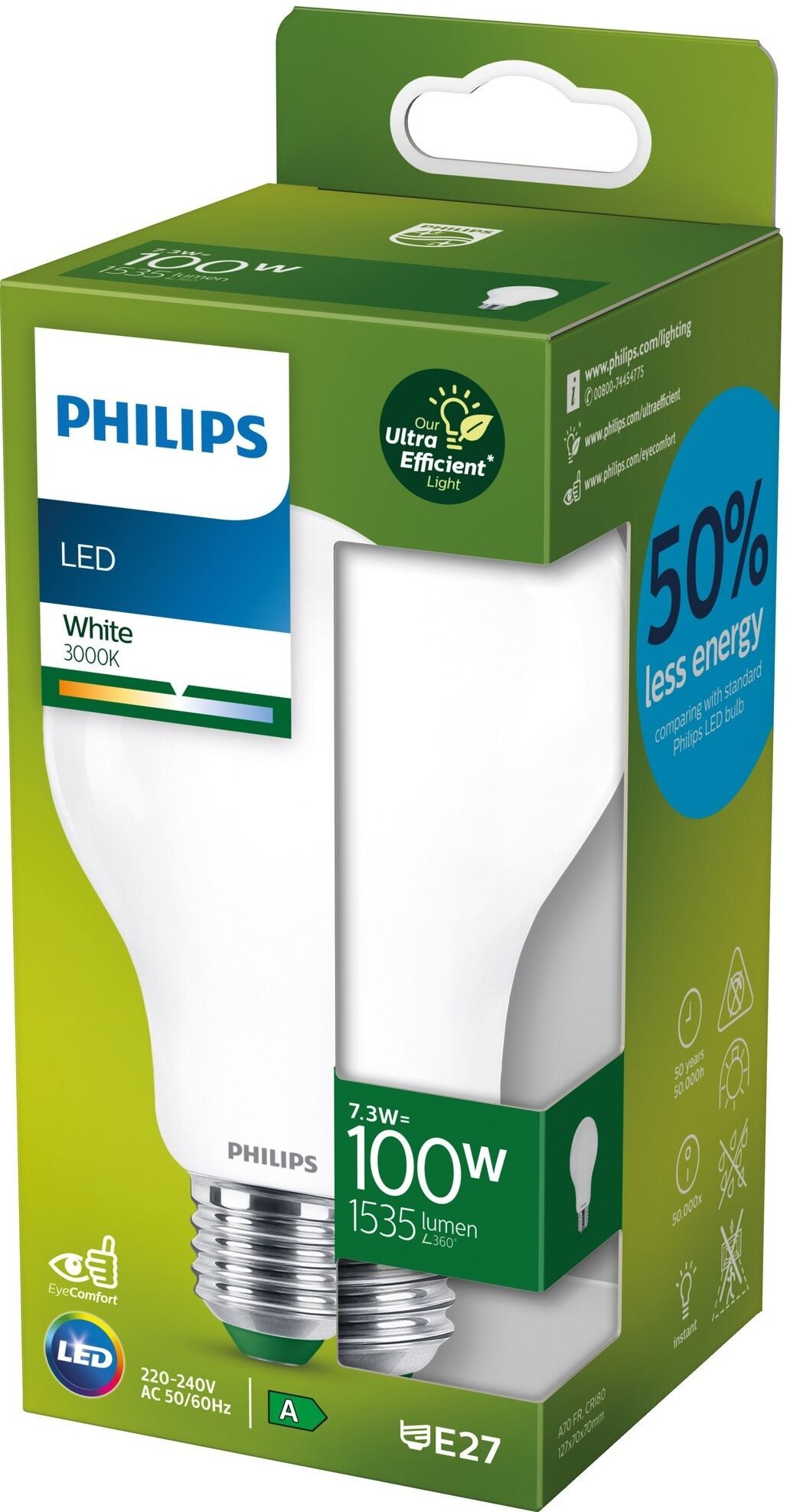 Philips LED 7,3-100W, E27, 3000K, tejfehér, A