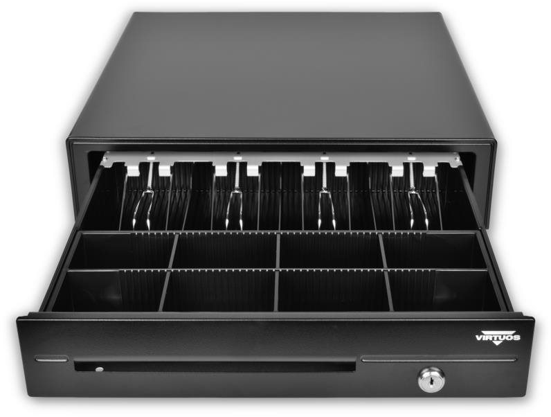 Kasszafiók Virtuos pénztárgépfiók C420D kábellel, fémtartókkal, 9-24V, fekete színben