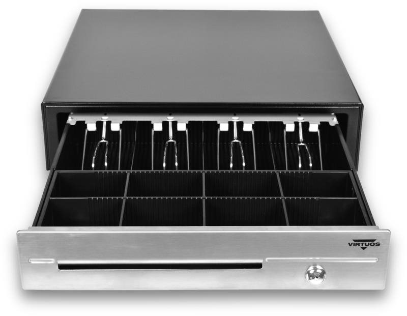 Virtuos pénztárgépfiók C430D - kábellel, fémtartókkal, rozsdamentes acél panel, 9-24V, fekete színű