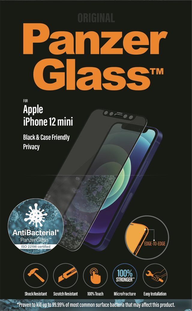 Üvegfólia PanzerGlass Edge-to-Edge Privacy Antibacterial Apple iPhone 12 Mini üvegfólia - fekete