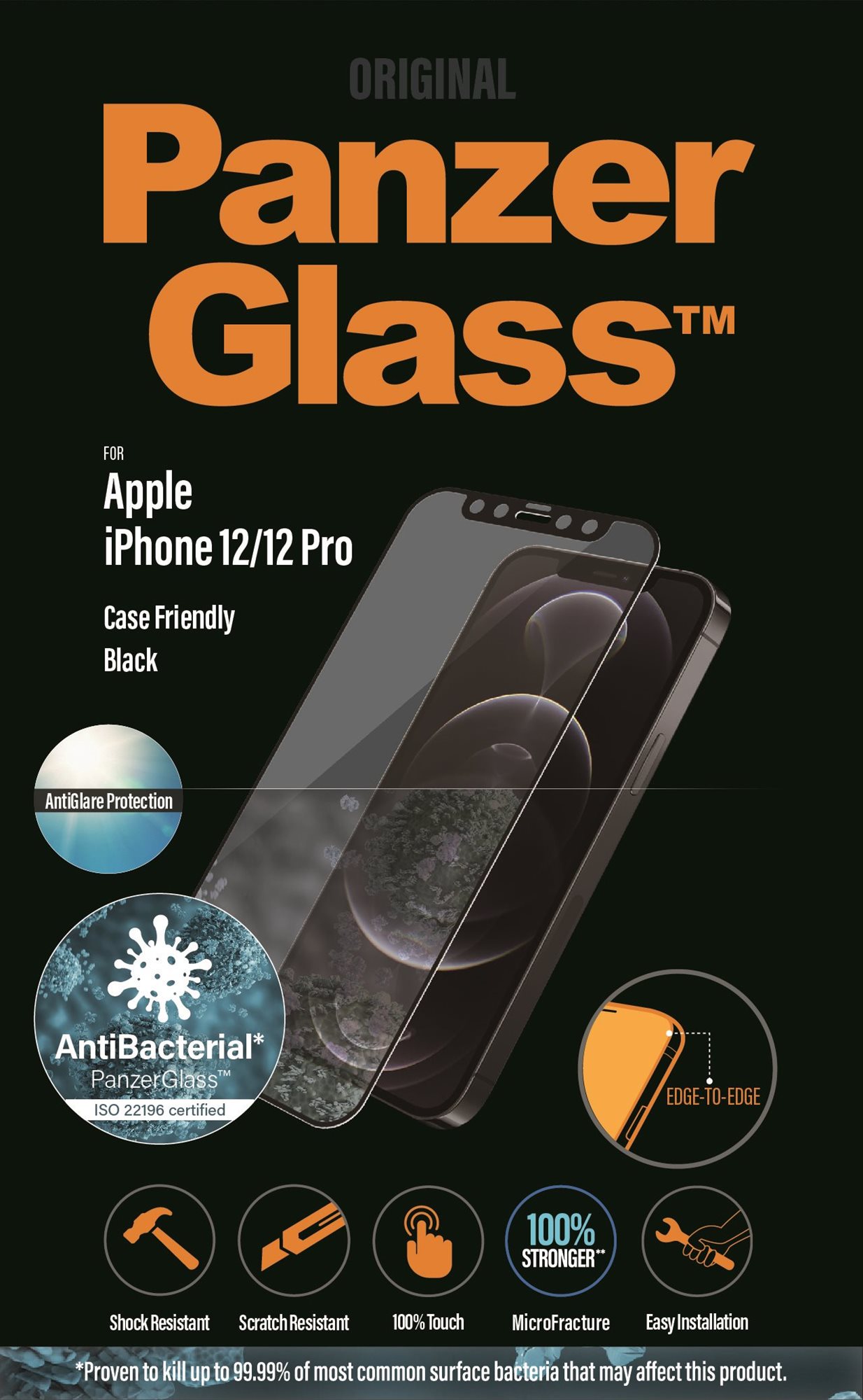PanzerGlass Edge-to-Edge Antibacterial Apple iPhone 12 / 12 Pro üvegfólia - fekete, Anti-Glare