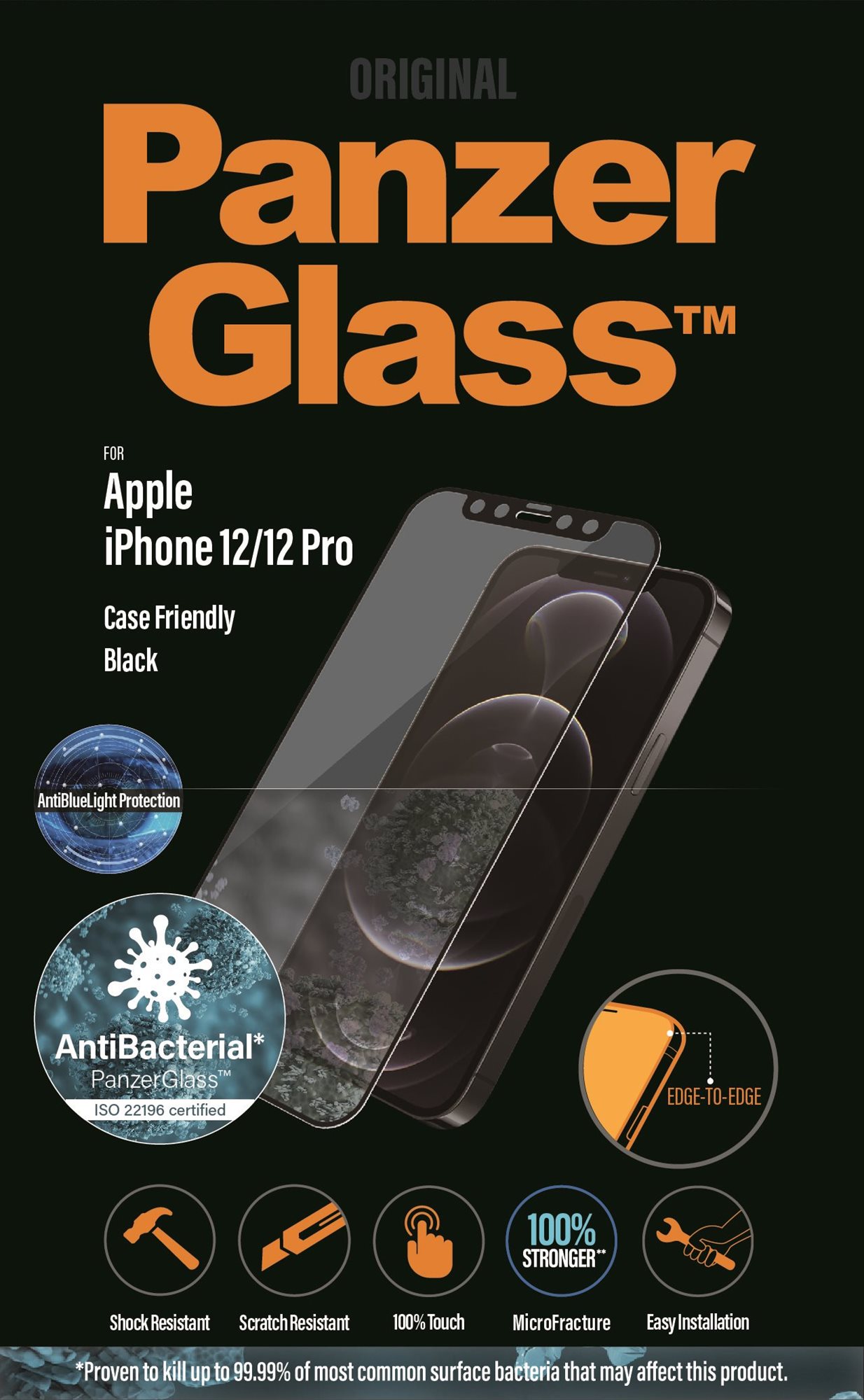 PanzerGlass Edge-to-Edge Antibacterial Apple iPhone 12/12 Pro üvegfólia - fekete, Anti-BlueLight