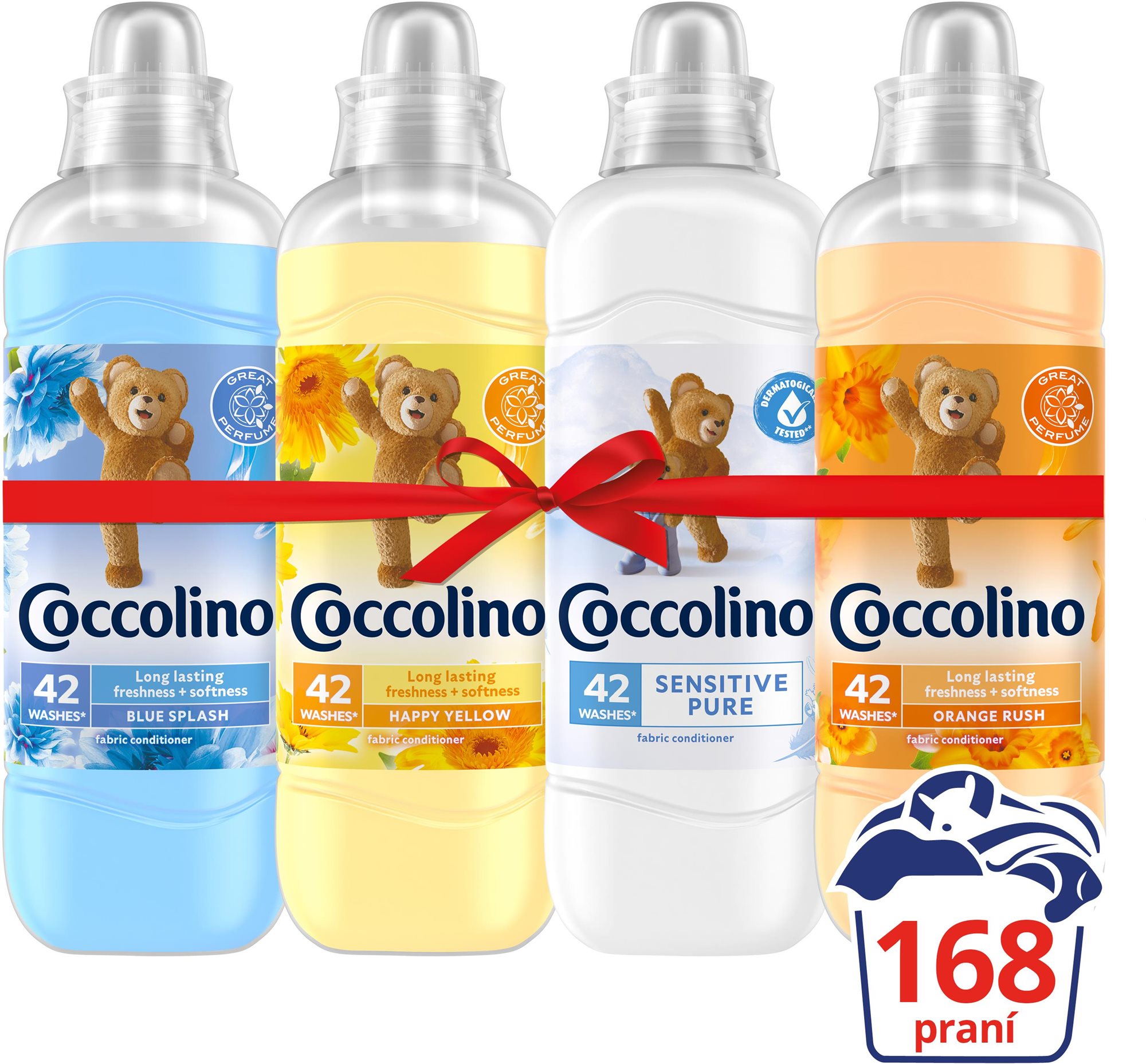 COCCOLINO Sensitive, Happy Yellow, Blue Splash, Orange Rush 4× 1,05 l (168 mosás)