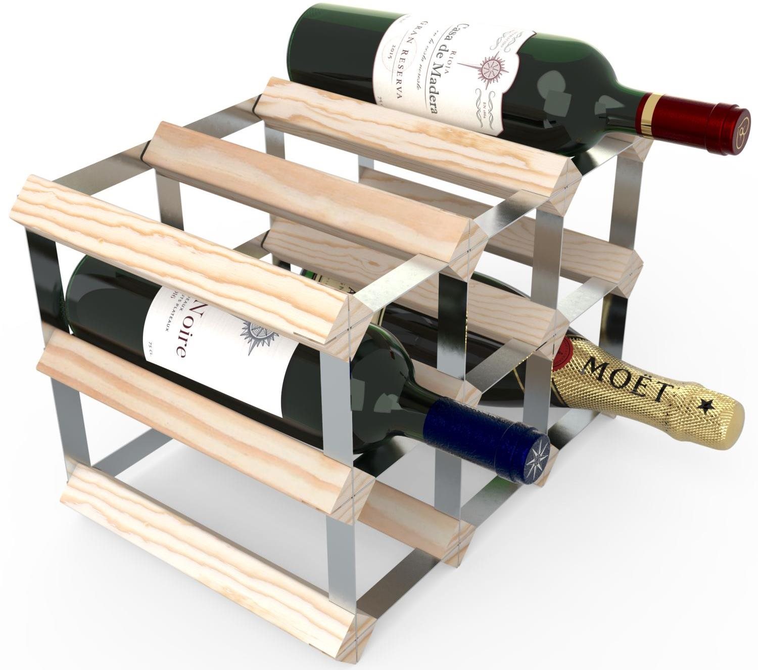 RTA bortartó állvány 9 borosüvegnek, natúr fenyőfa - horganyzott acél / lapra szerelve