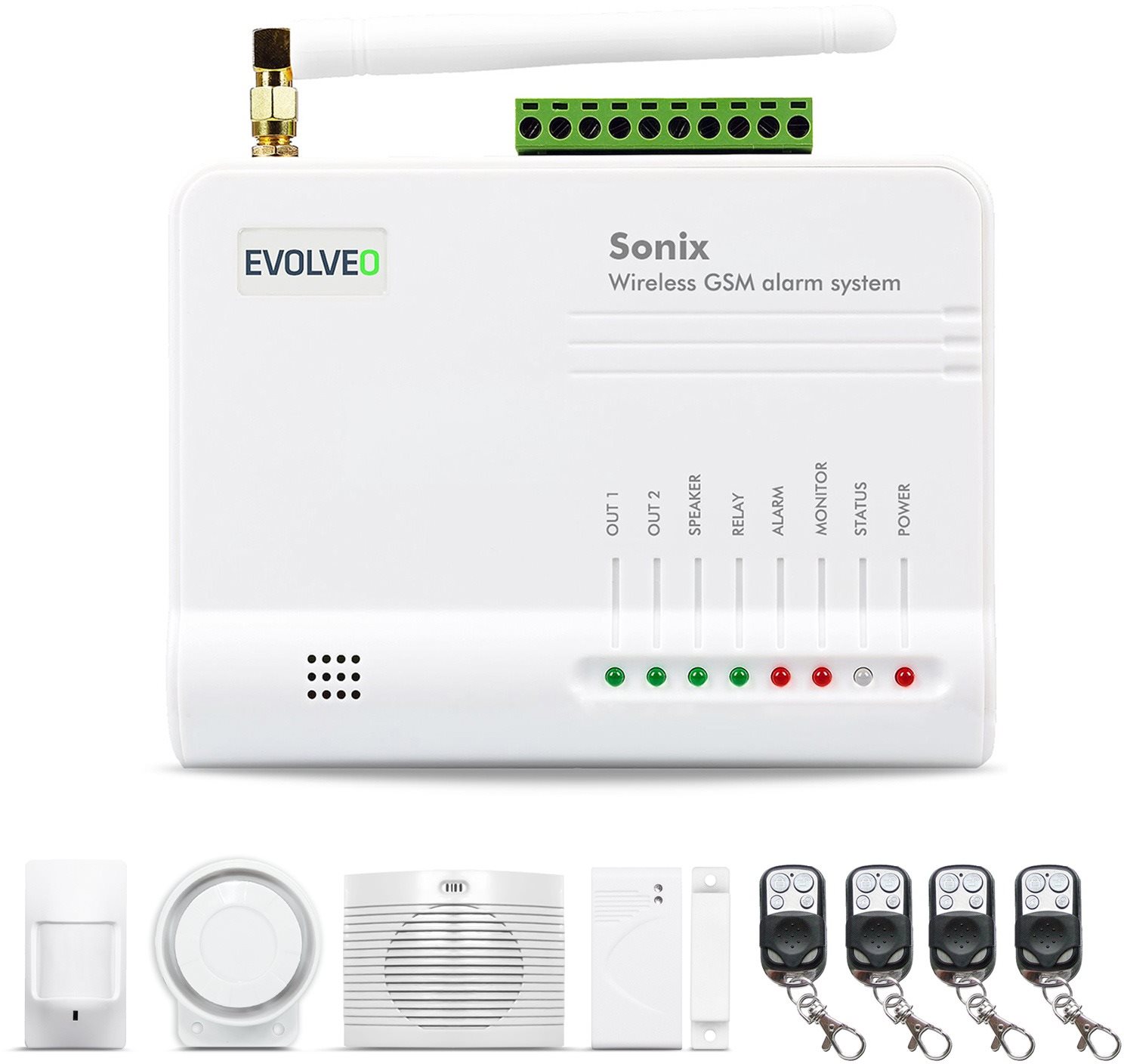EVOLVEO Sonix - vezeték nélküli GSM riasztó (4 távirányító, PIR mozgásérzékelő, ajtó / ablak érzékelő, külső hangszóró, Android / iPhone