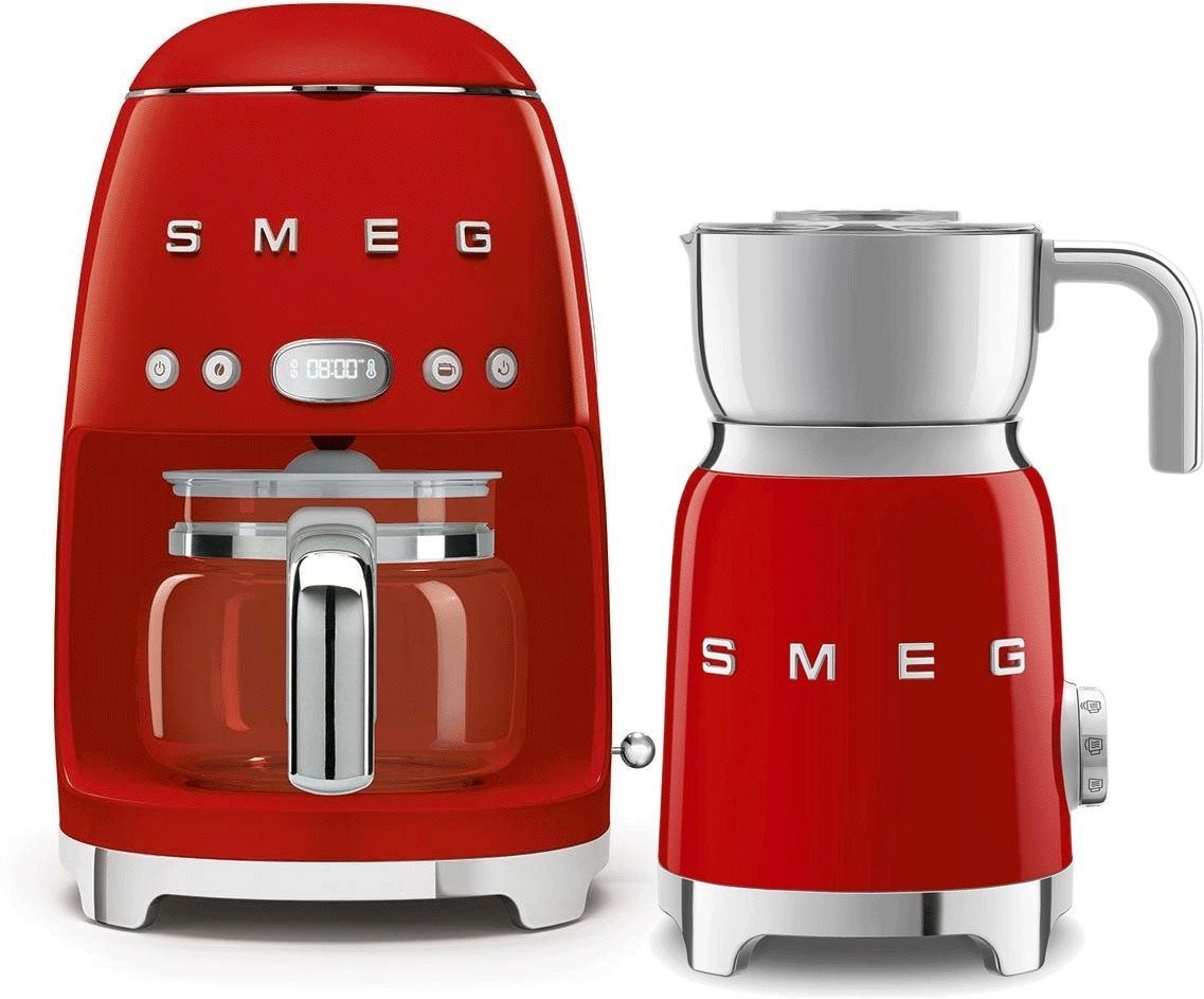SMEG 50-es évek Retro Style 1,4l 10 csésze piros + SMEG 50-es évek Retro Style 0,6l piros tejhabosít