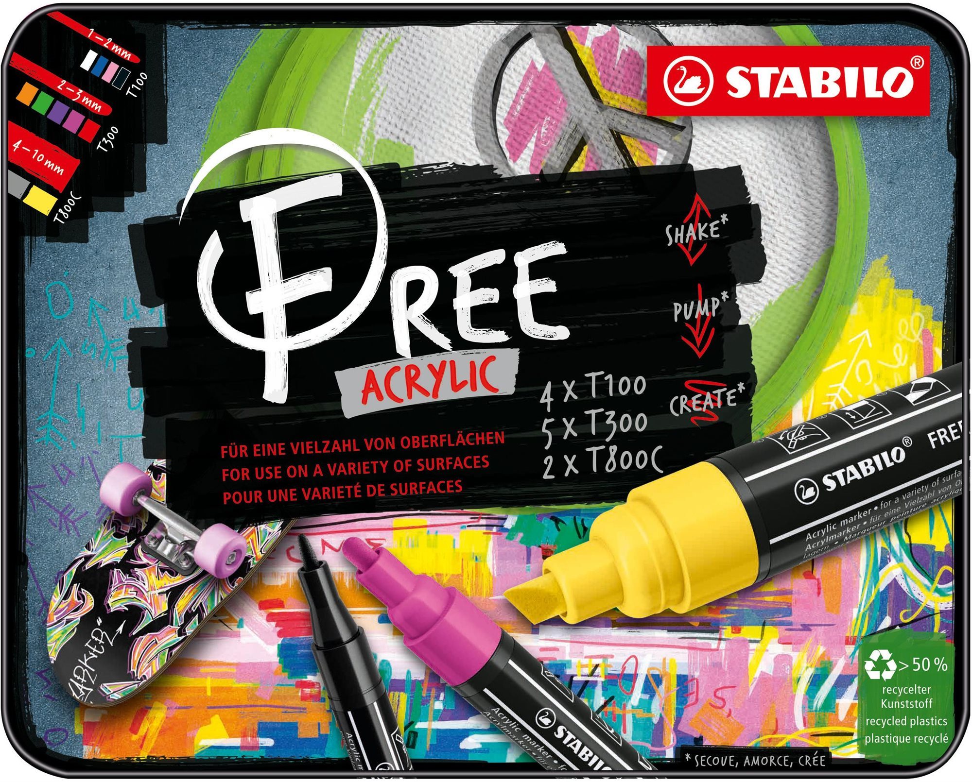 STABILO FREE Acrylic alapkészlet - 11 szín a csomagban - 3 különböző heggyel 4x T100, 5x T300, 2x T800C