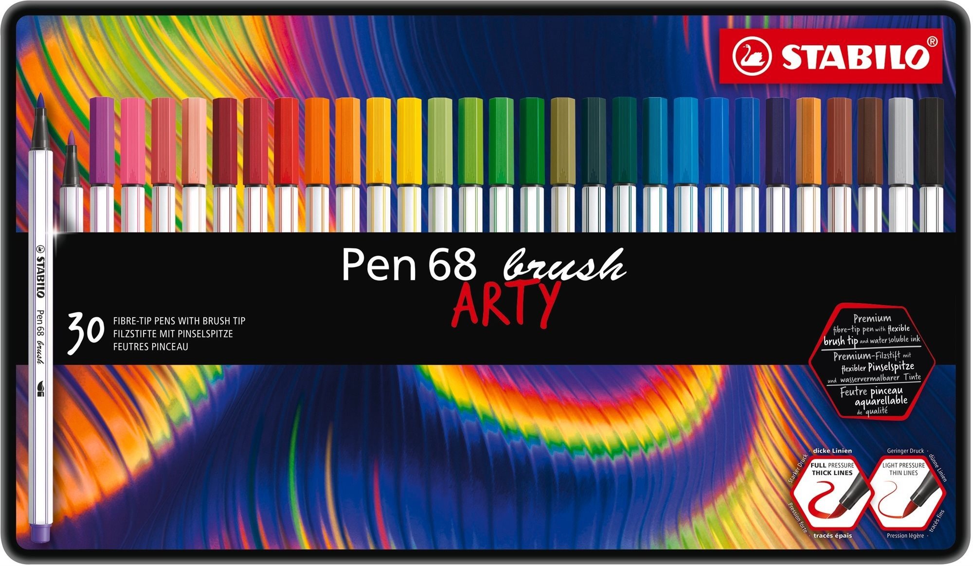 STABILO Pen 68 brush, rugalmas ecset formájú heggyel, fém tokban, 30 szín