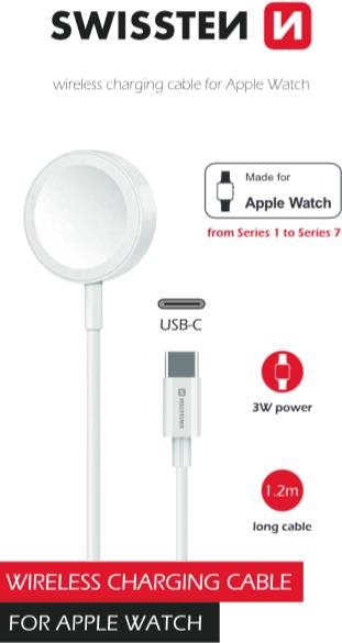 Swissten Mágneses töltőkábel Apple Watchhoz, USB-C 1,2 m
