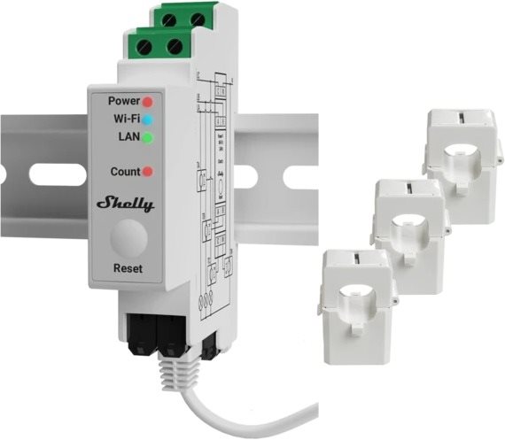 Shelly Pro 3EM, fogyasztásmérő, 3 csipesz, 120 A, WiFi, LAN, BT