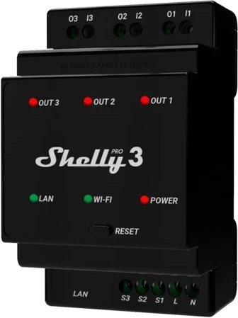 Shelly Pro 3, kapcsolómodul 3x 16A DIN sínre, WiFi, LAN