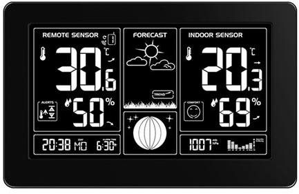 Solight meteorológiai állomás, extra nagy fekete-fehér kijelző, hőmérséklet, páratartalom, nyomás, RCC, USB töltés, fekete