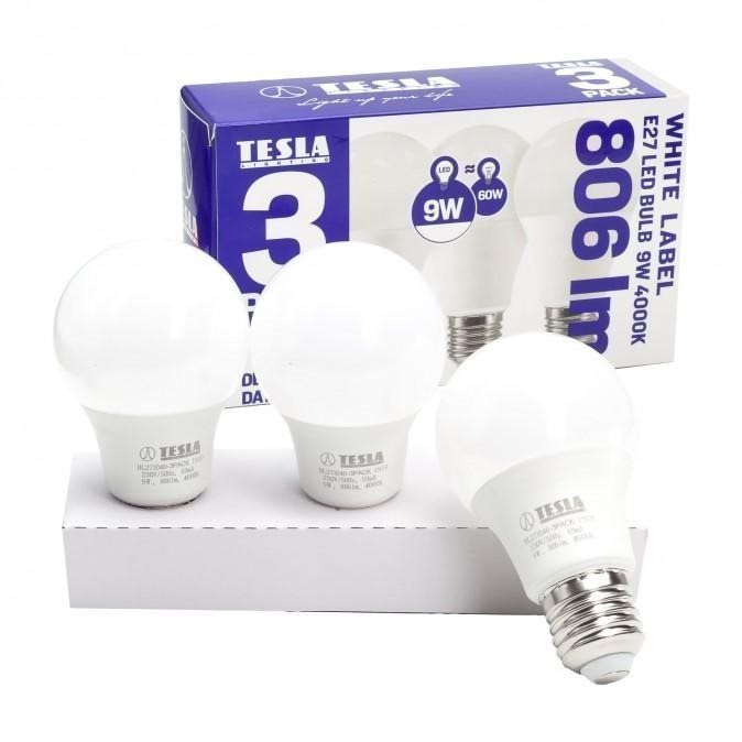 TESLA LED izzó E27, 9W, 4000K, napi fehér, 3 db csomagban
