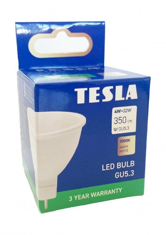 Tesla - LED izzó GU5,3 MR16, 4W, 12V, 300lm, 25 000h, 3000K meleg fehér, 100°
