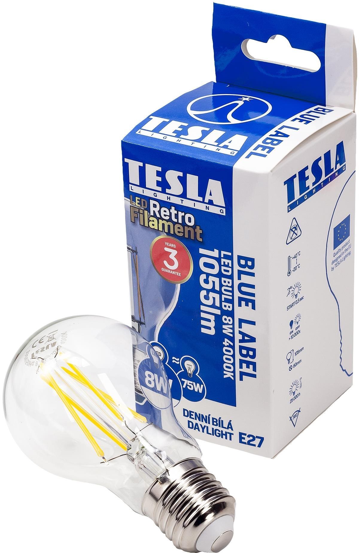 TESLA LED FILAMENT RETRO BULB, E27, 8 W, 1055 lm, 4000 K, nappali fehér