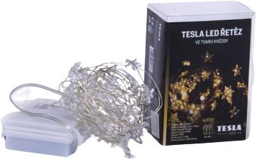 Tesla - dekoratív nano Fényfüzér, csillag 1,5cm, 50LED, 2700K, 5m +30cm, 3x AA elem, időzítő, IP44