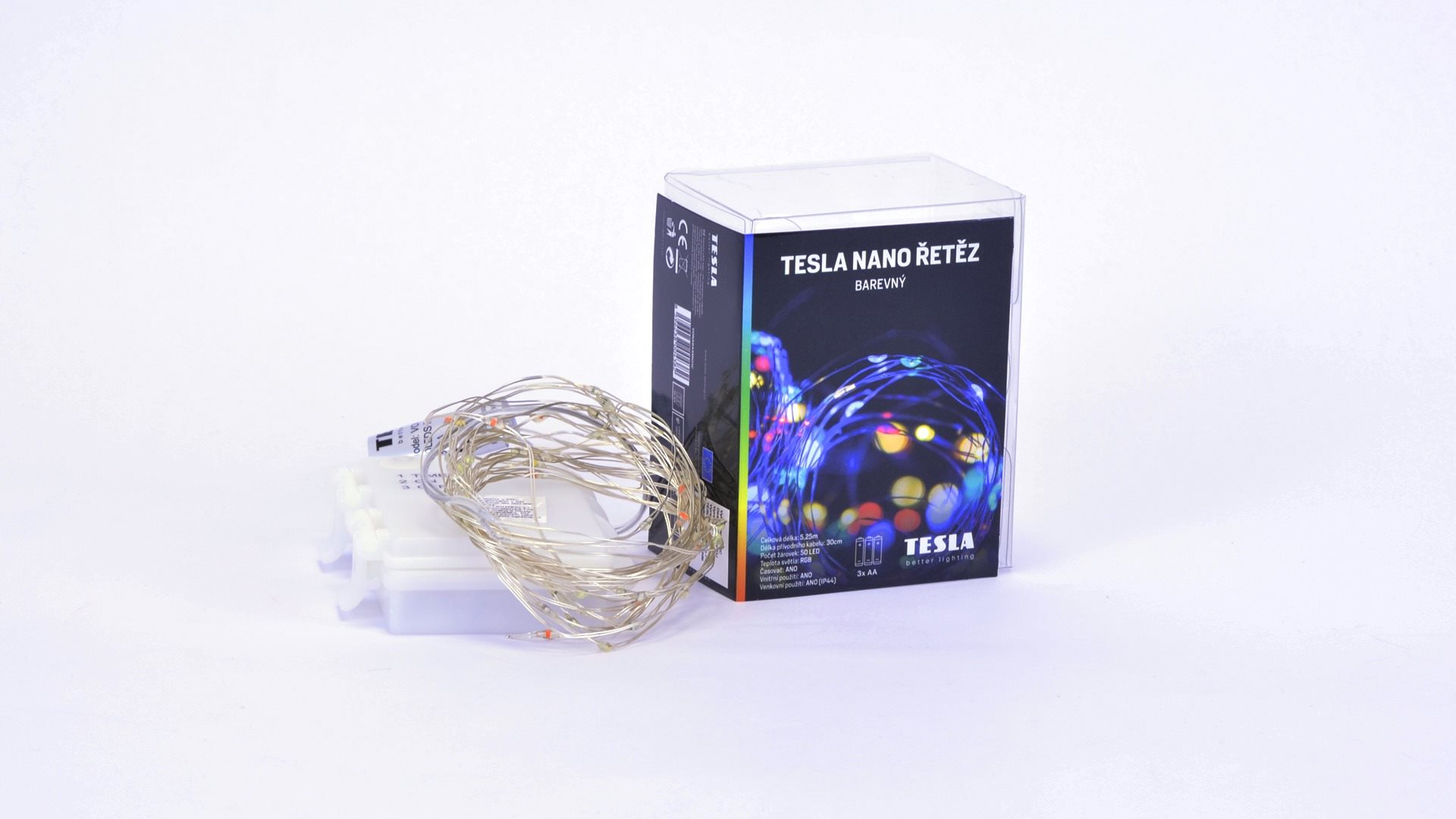 Tesla - nano fényfüzér 50LED, RGB, 5 m + 30 cm-es kábel, 3x AA elem, időzítő, IP44