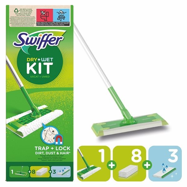 Felmosó SWIFFER Sweeper induló készlet padlóápoláshoz: 1 nyél, 8 darab Dry, 3 darab nedves törlőkendő