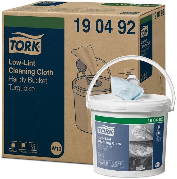 TORK Low-Lint, 200 lap, 30 × 16,5 cm, 60 m, 1 rétegű, türkiz, vödörben, W10