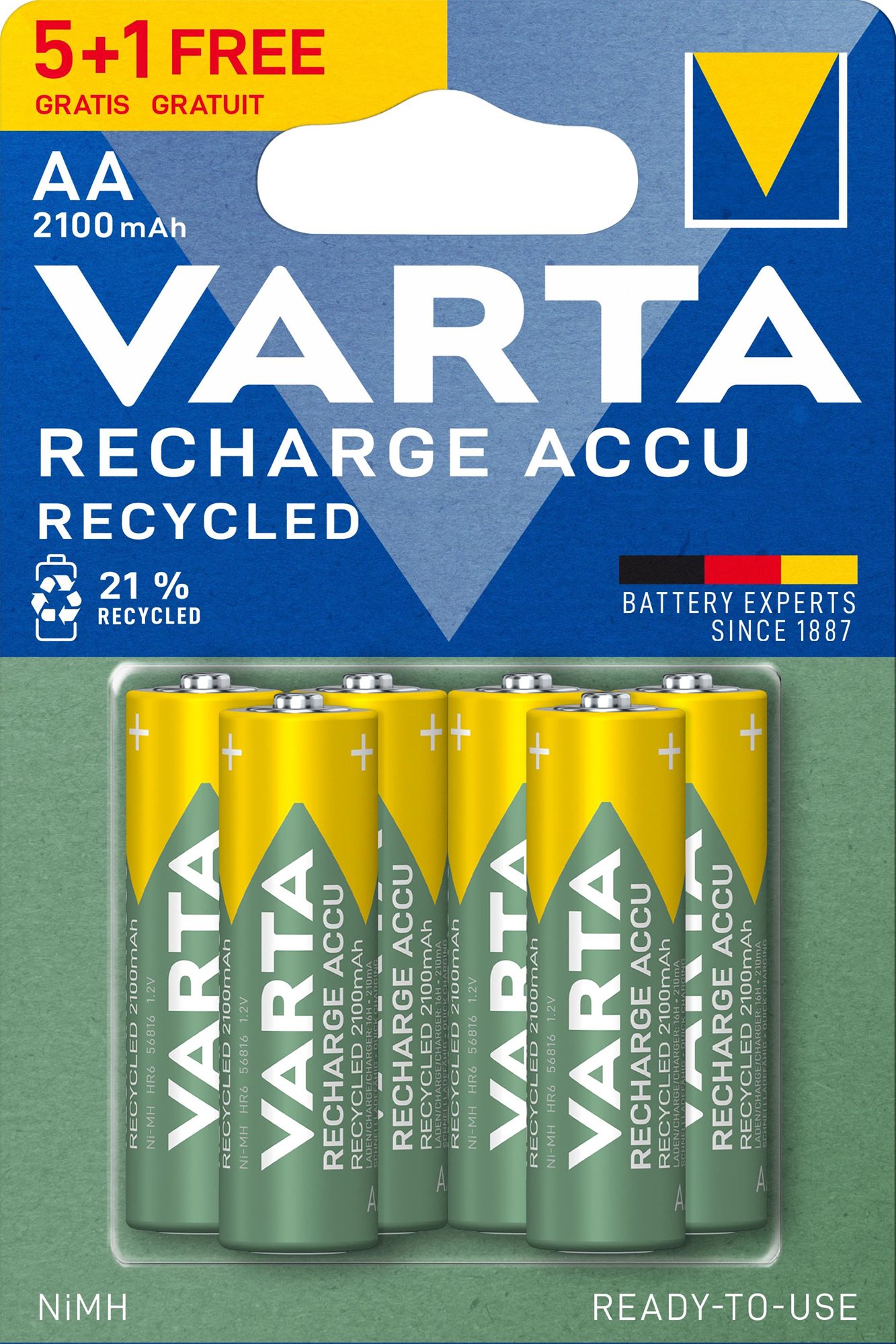 VARTA Recharge Accu Recycled Tölthető elem AA 2100 mAh R2U 5+1 db