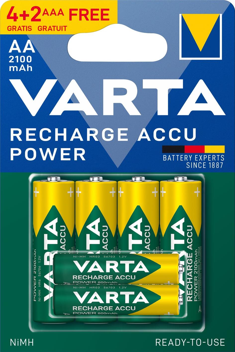 VARTA Recharge Accu Power Tölthető elem AA 2100 mAh R2U 4 db + AAA 800 mAh R2U 2 db