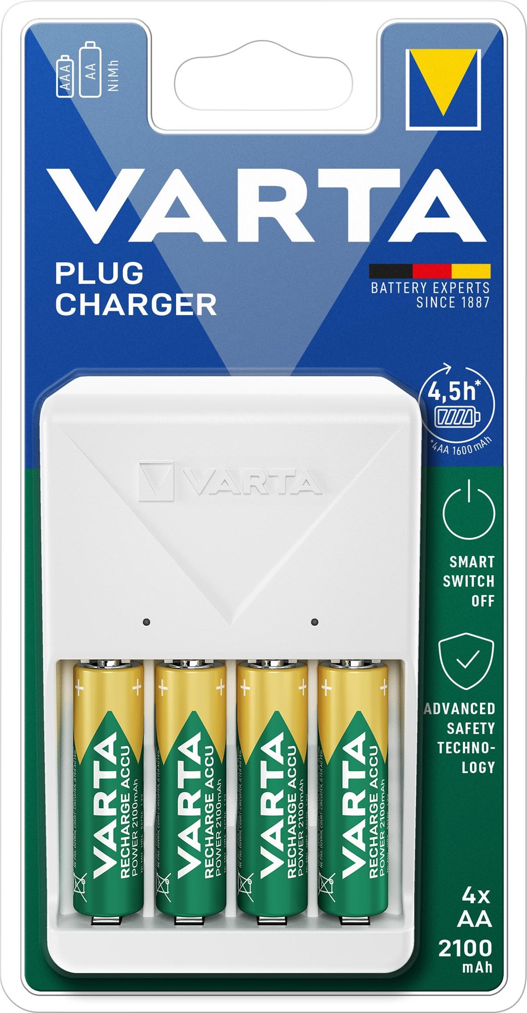 VARTA 57657 Plug Charger Töltő + 4 AA 2100 mAh