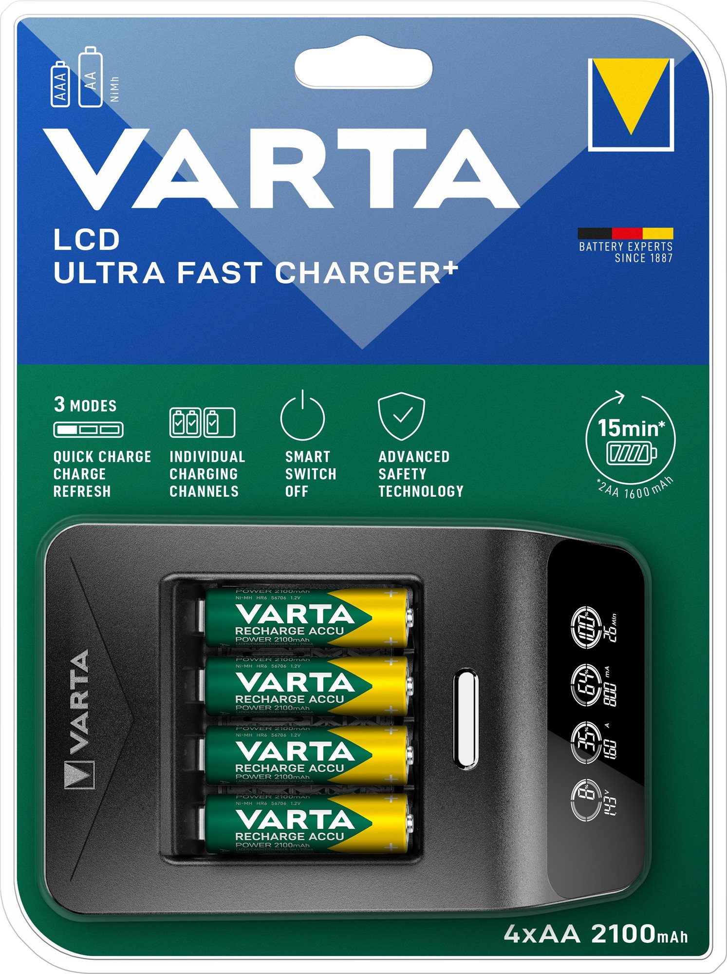 VARTA LCD Ultra Fast Charger+ Töltő + 4× AA 56706 2100 mAh + 12 V