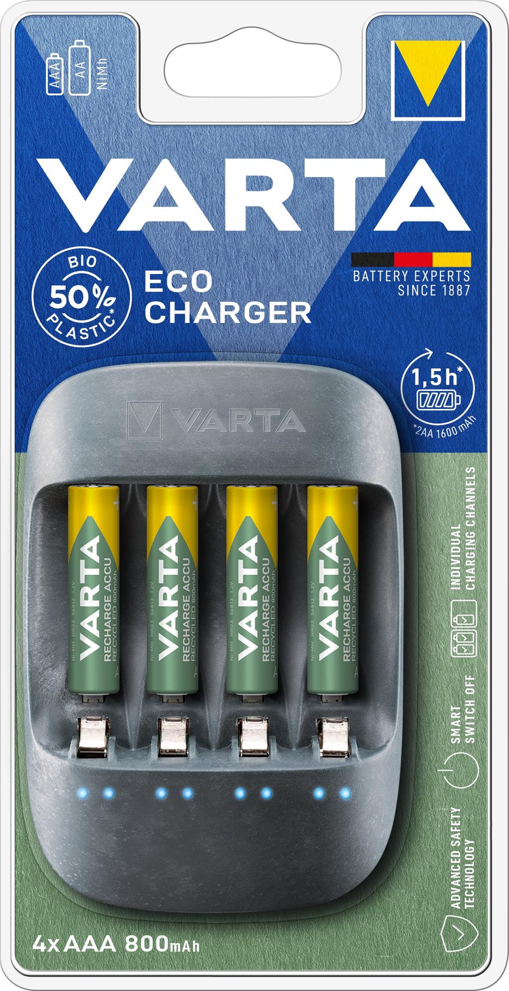 VARTA Eco Charger Töltő + 4 AAA 800 mAh Reycled R2U