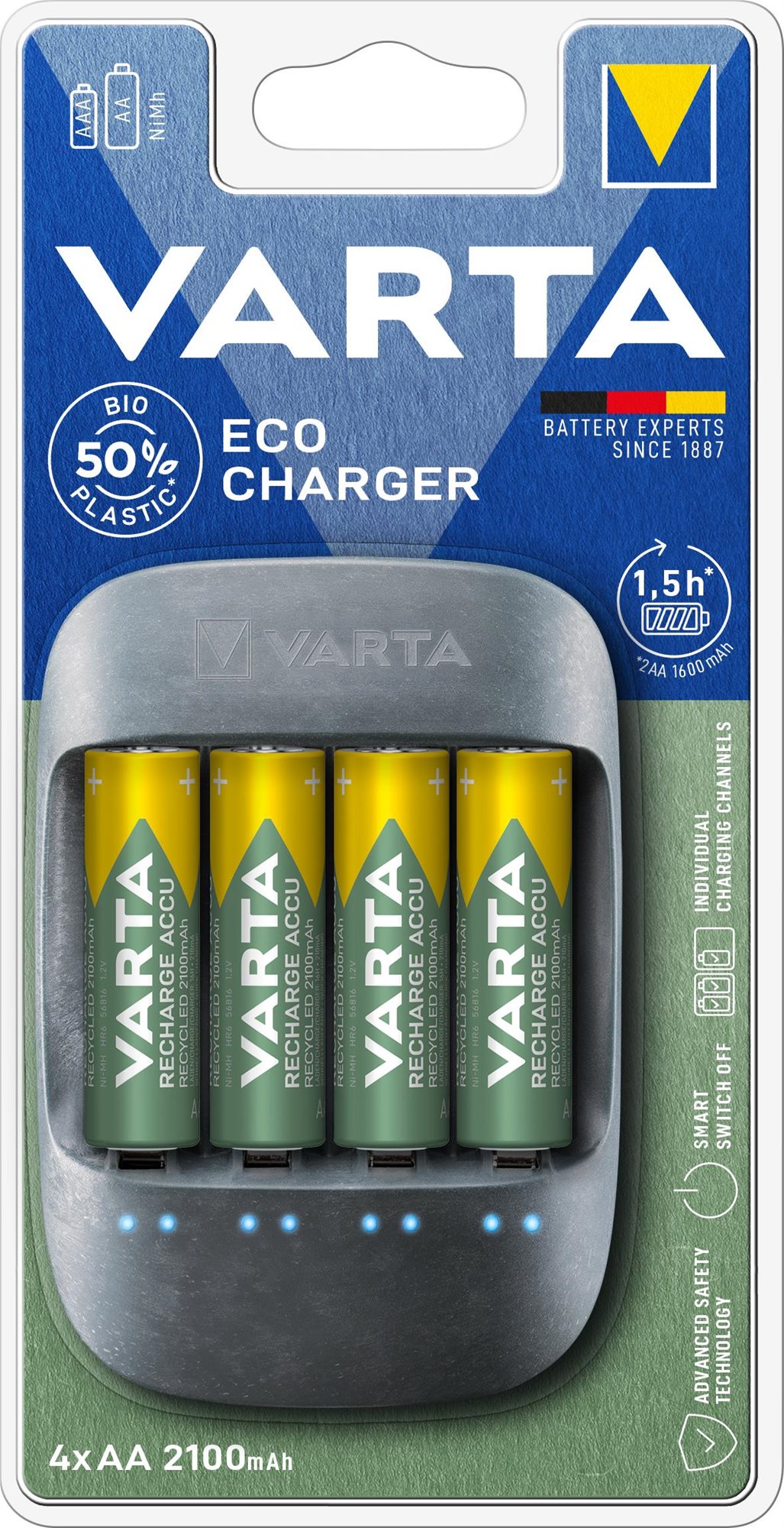 VARTA Eco Charger Töltő + 4 AA 2100 mAh Reycled R2U