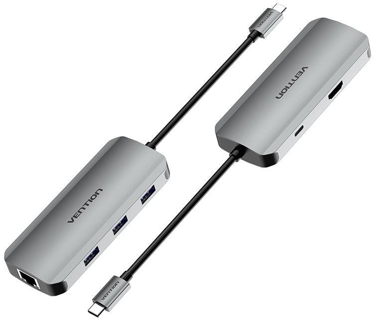 Vention USB-C to HDMI / USB 3.0 x 3 / RJ45 / PD Docking Station 0.15M Gray Aluminum