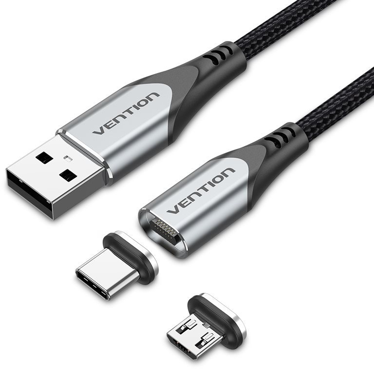 Vention 2-in-1 USB 2.0 to Micro + USB-C Male Magnetic Cable 0.5m Gray Aluminum Alloy Type