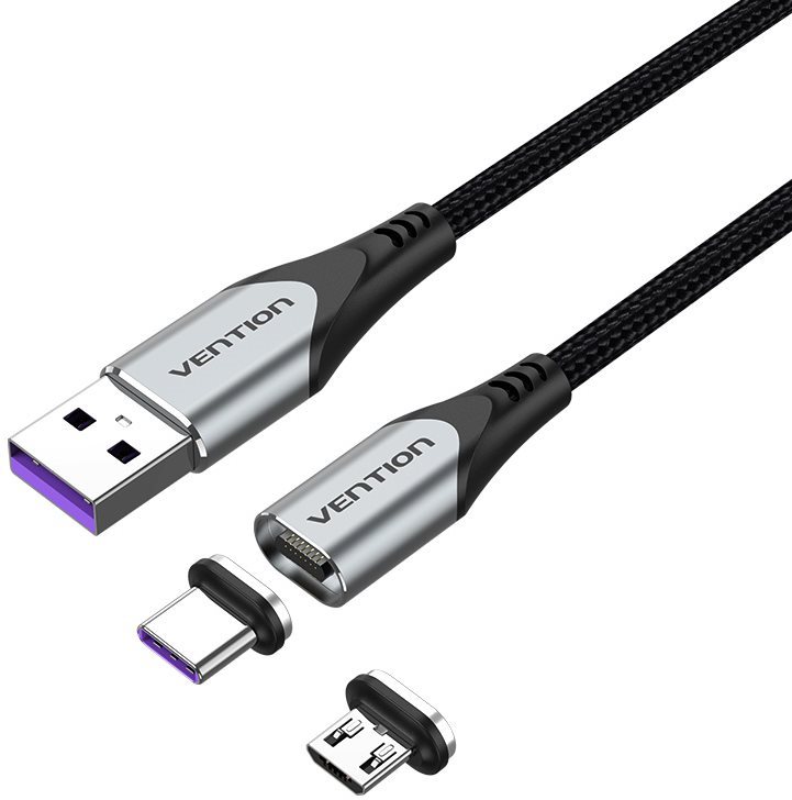 Vention 2-in-1 USB 2.0 to Micro + USB-C Male Magnetic Cable 5A 0.5m Gray Aluminum Alloy Type