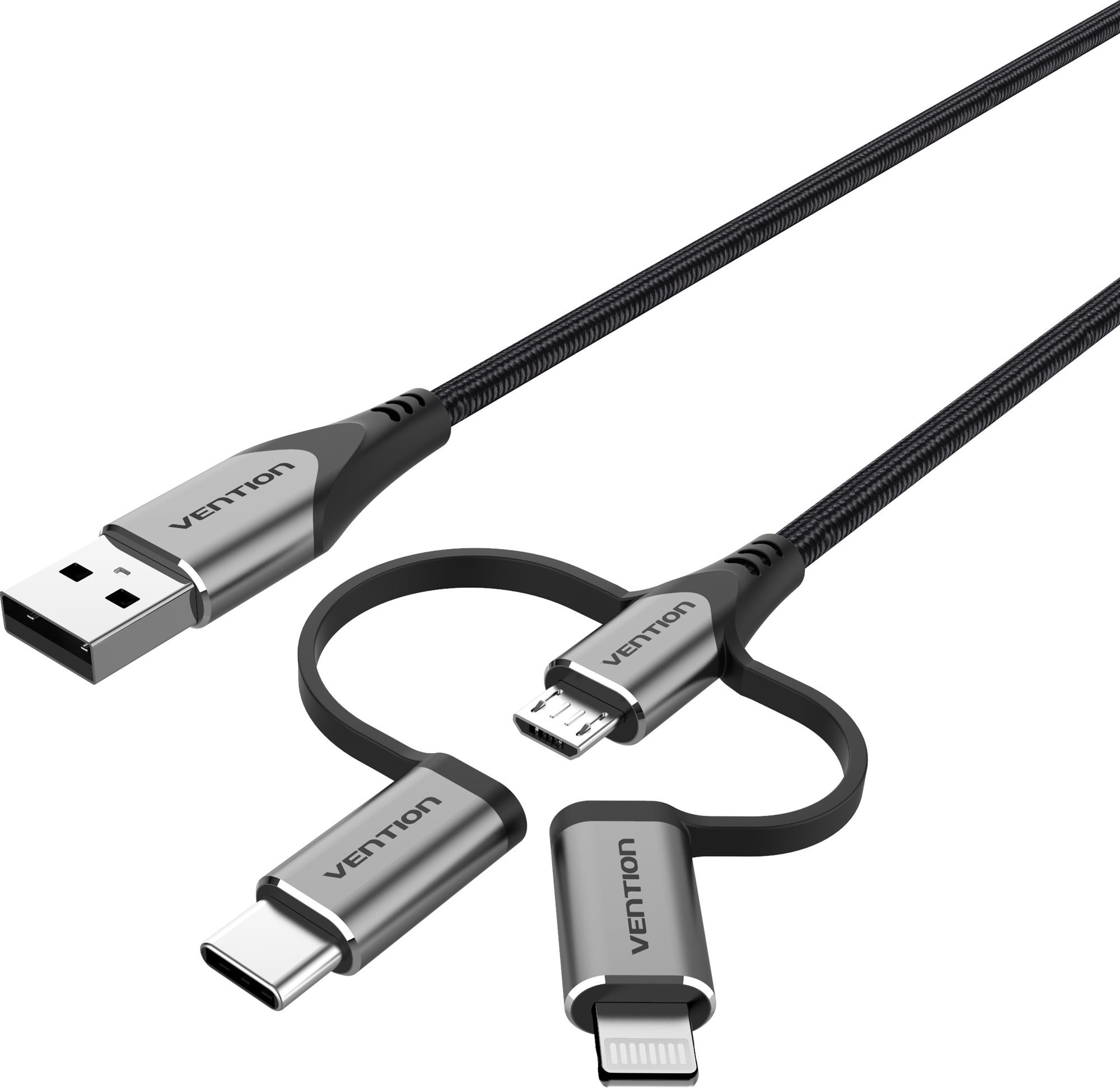 Vention MFi USB 2.0 to 3-in-1 Micro USB + USB-C + Lightning Cable 1m Gray Aluminum Alloy Type