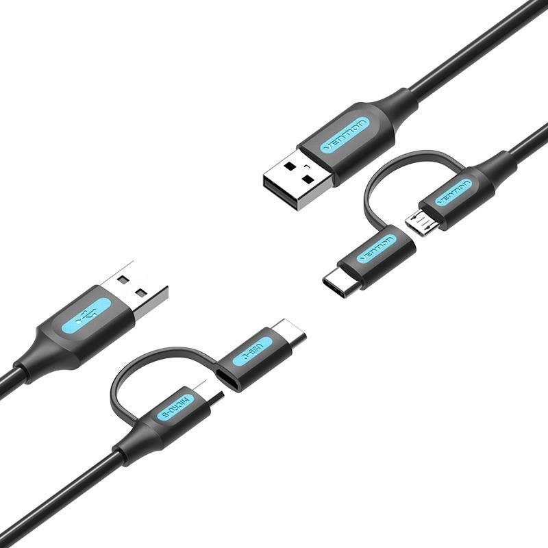 Vention USB 2.0 to 2-in-1 Micro USB + USB-C Cable 0.25m Black PVC Type