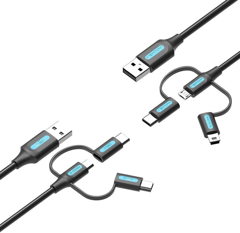 Vention USB 2.0 to 3-in-1 Micro USB + USB-C + Mini USB Cable 0.5m Black PVC Type