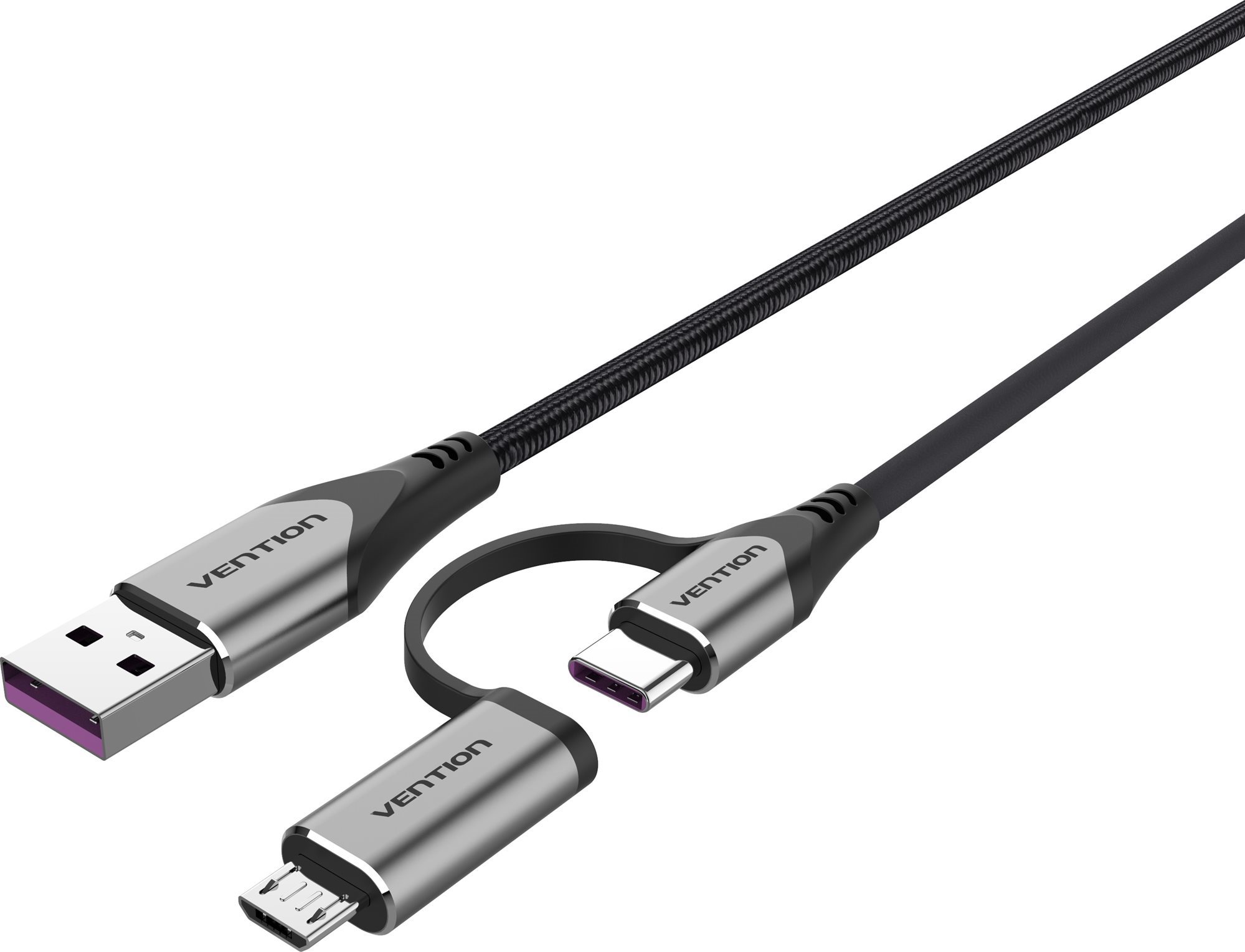 Vention USB 2.0 to 2-in-1 USB-C + Micro USB Male 5A Cable 0.5m Gray Aluminum Alloy Type