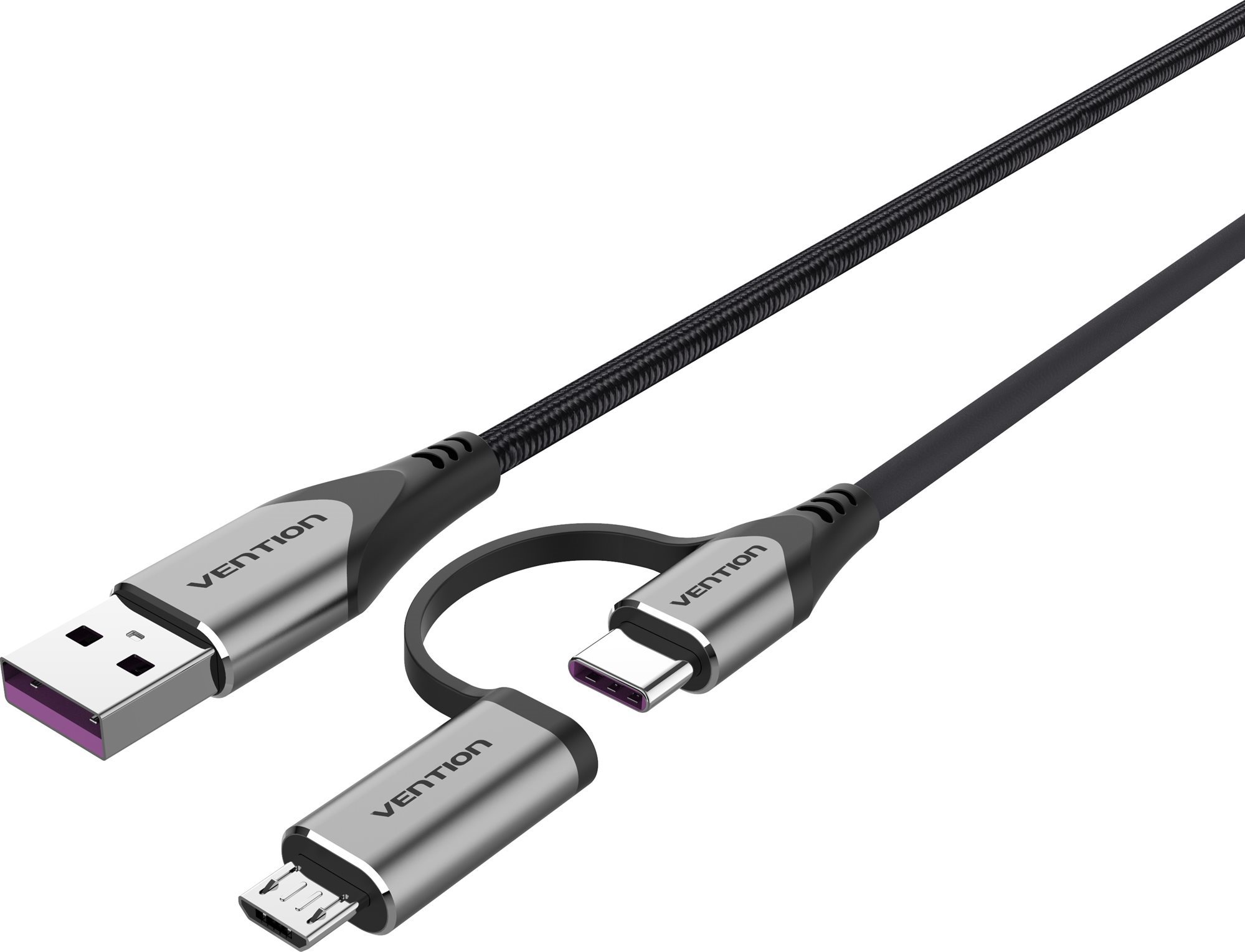 Vention USB 2.0 to 2-in-1 USB-C + Micro USB Male 5A Cable 1m Gray Aluminum Alloy Type