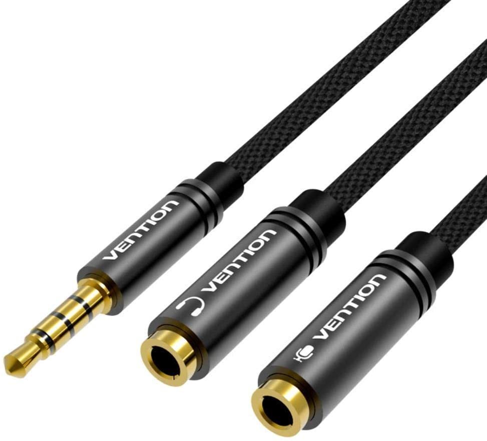 Vention Fabric Braided 3,5mm Male to 2x 3,5mm Female Stereo Splitter Cable 0,3m Black Metal Type