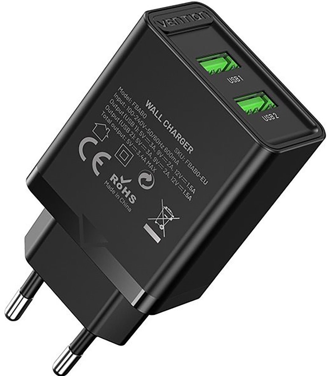 Vention 2-Port USB (A+A) Wall Charger 18W Black