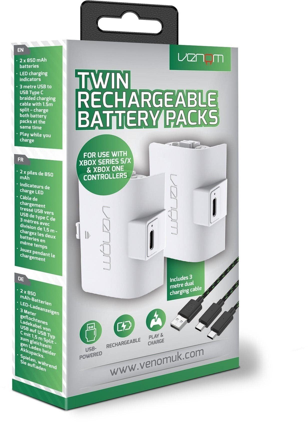 VENOM VS2872 Xbox Series S/X & One White Twin Battery Pack + 3 méteres kábel