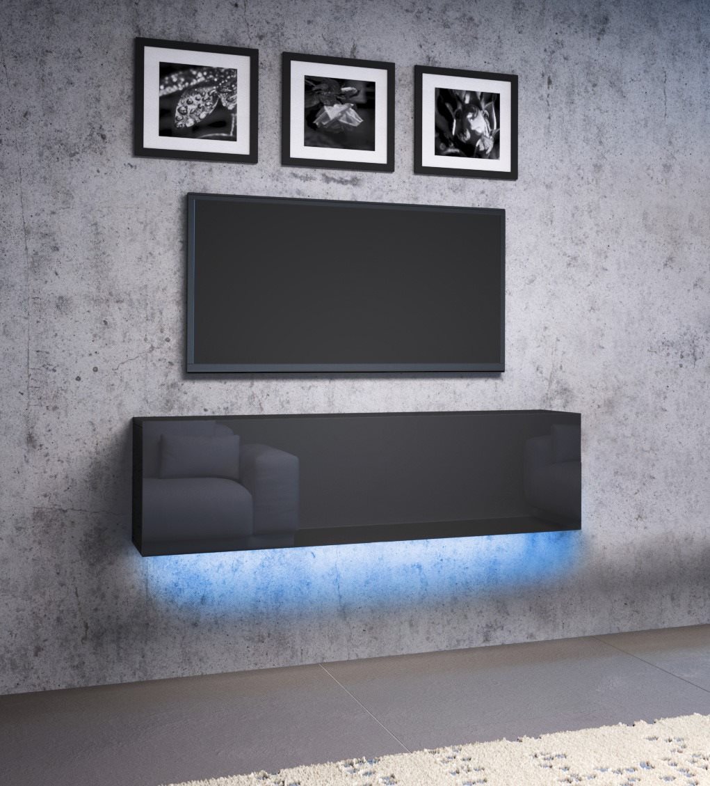 TV asztal VIVO 03 magasfényű fekete színben, LED világítással