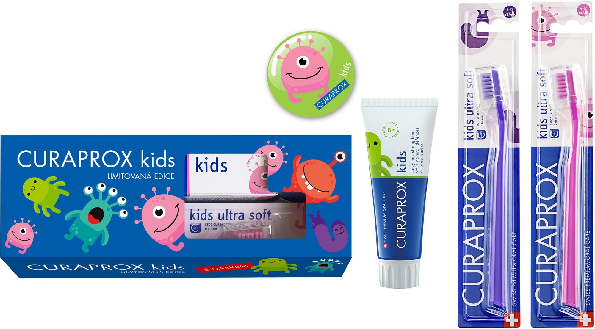 CURAPROX Kids Limitált kiadás, 2× Kids fogkefe + Menta fogkrém 60 ml