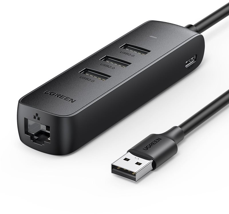 UGREEN USB 2.0 to 3×USB 2.0+RJ45 (100Mbps) Ethernet Adapter (Black)